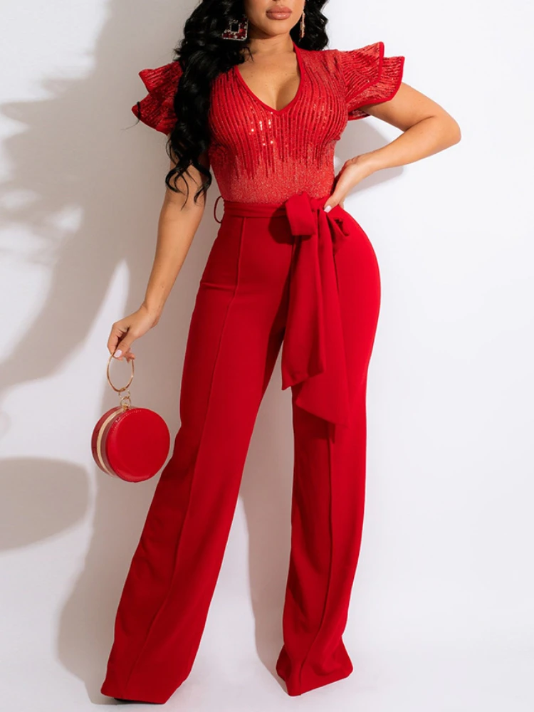 

Red Jumpsuits for Women Shiny Glitter Bow Butterfly Sleeves V Neck Bodysuit Summer Spring Casual Party Evening Overall 2022 New