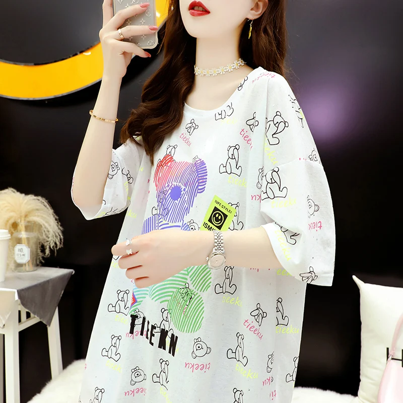 Summer Korean Style Loose Mid-length Design Niche Short-sleeved T-shirt Women Bear Cartoon Top Kawaii Graphic Tee |