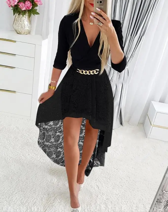 

Dresses for Women 2023 Autumn Elegant Long Sleeve Contrast Lace Chain Decor High-Low Hem Asymmetrical Party Dress