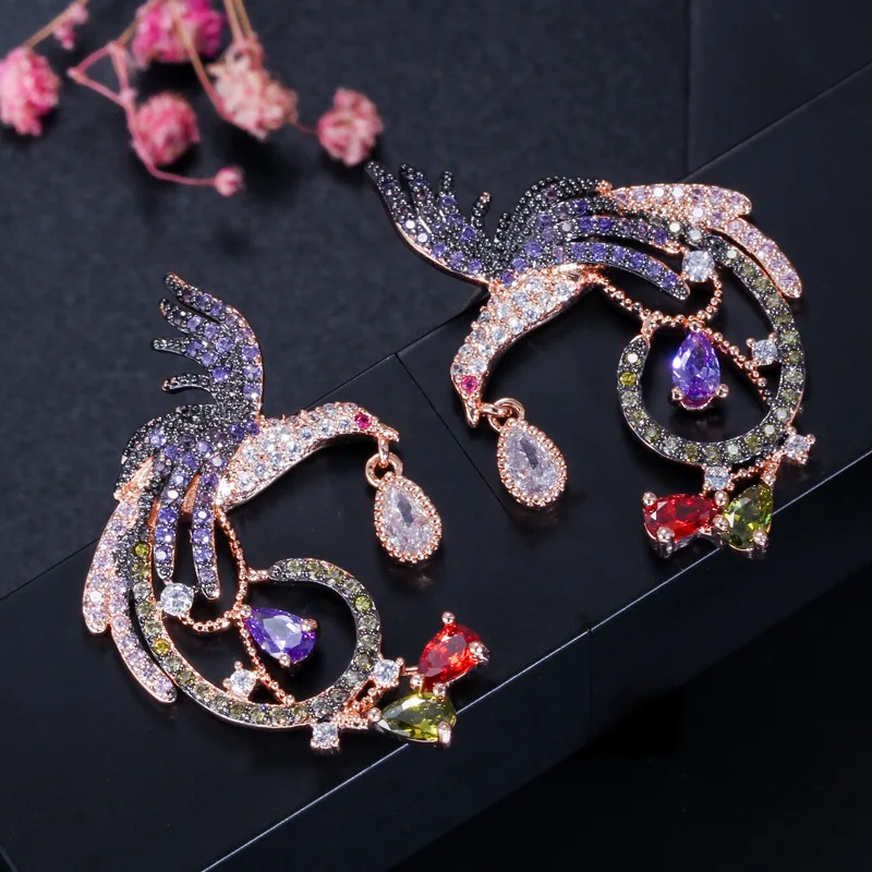

Exclusive Black and Rose Gold Color Two Tones Dangle Drop Earrings with Green Purple Red Cubic Zircon Stones