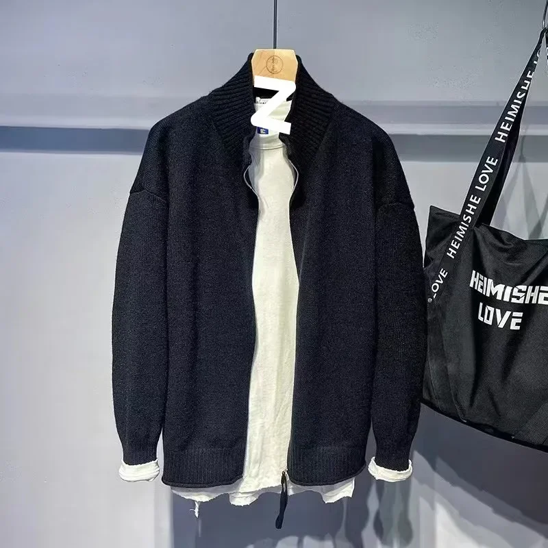 Autumn/Winter New Men's American Style Trendy Cardigan Zip-Up Knitted Top Hong Kong Loose-Fit Sweater Jacket Crew Neck