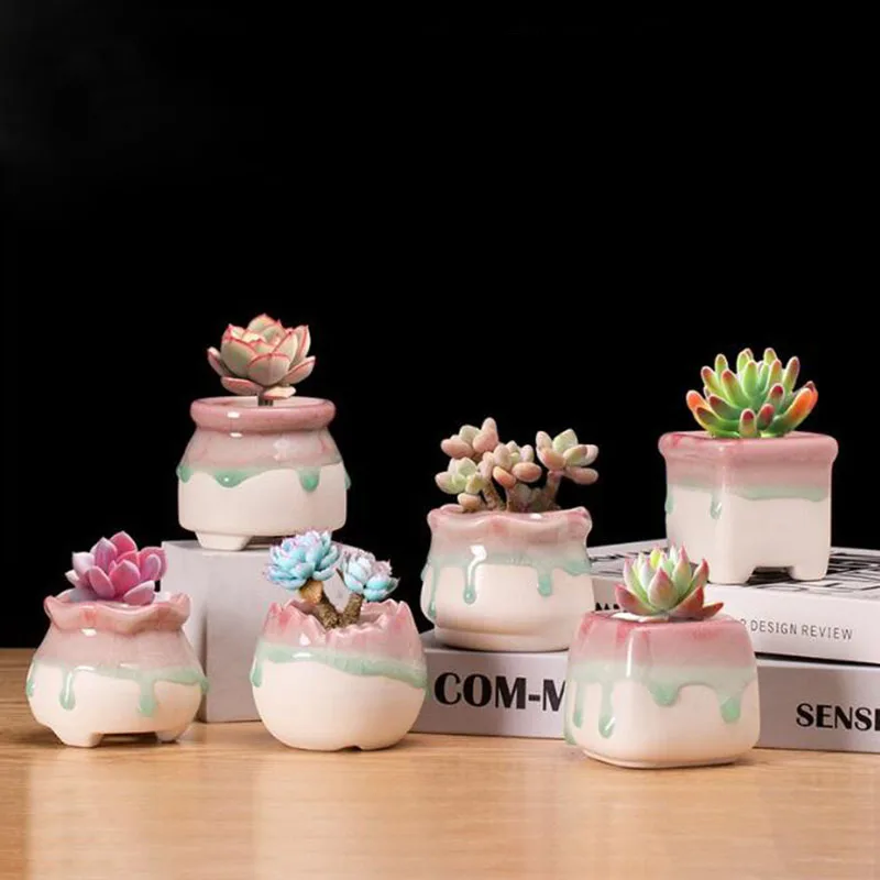 

Керамический Гладкий глазурованный цветочный горшок розового и зеленого цвета, цветочный горшок, ваза для льда, растительный контейнер, Декор для дома и сада