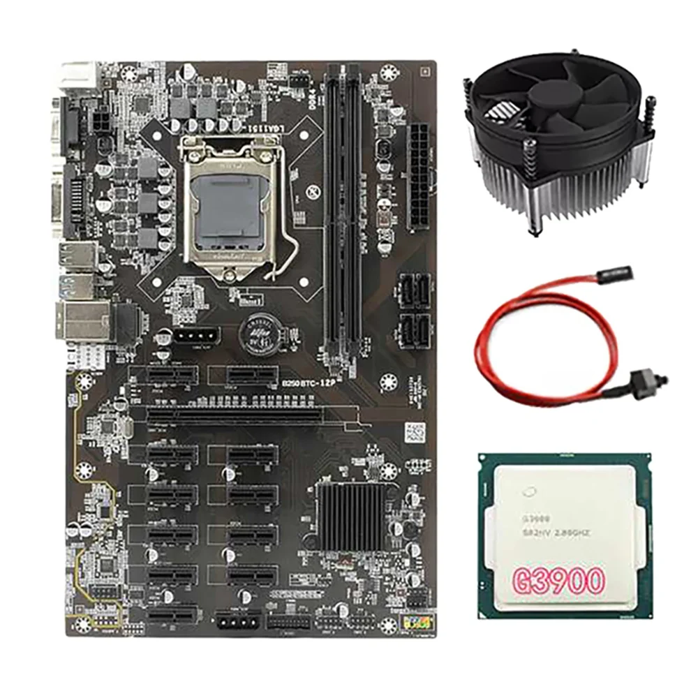 

Комплект материнской платы B250 BTC для майнинга с ЦП G3900 + вентилятор охлаждения + кабель переключения 12 PCIE слот GPU LGA1151 DDR4 DIMM RAM SATA3.0