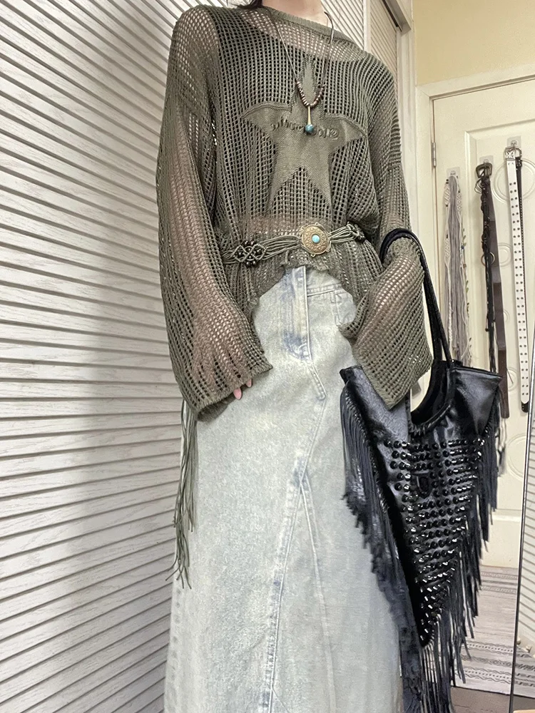 

Женский трикотажный пуловер с вышивкой в виде звезд, Y2k