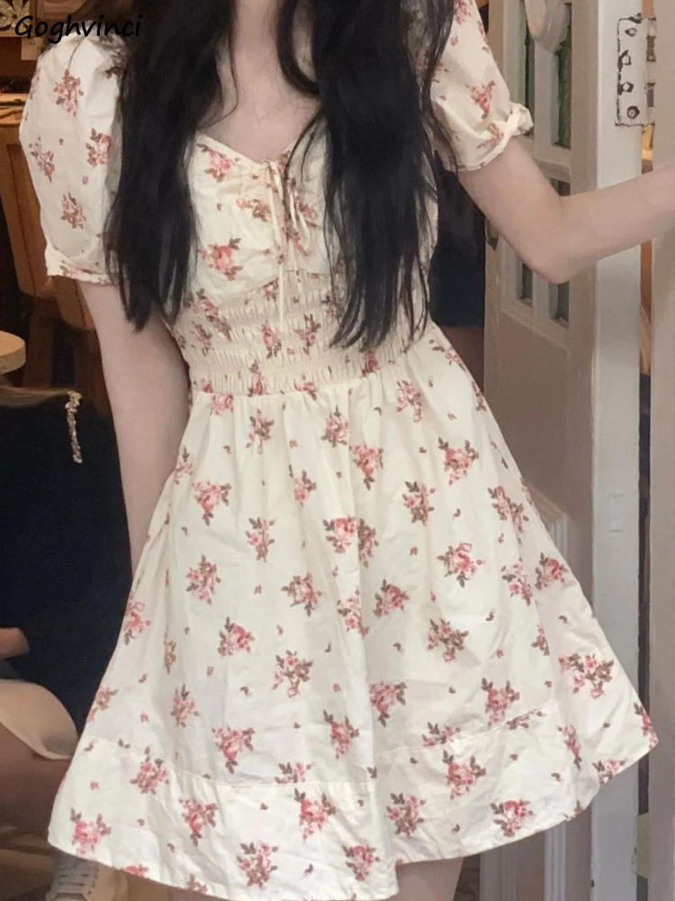 

Floral Short Sleeve Dresses Women Mini Summer High Waist Drawstring Sweet Vintage Prevalent Tender Retro Cute Fashion Korean Ins