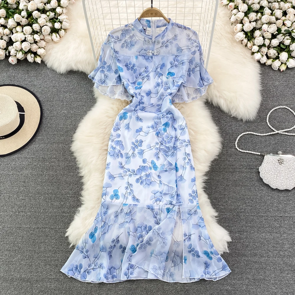 

Летнее платье, новинка, ретро, китайский стиль, платье чонсам, модное, стоячий воротник, лист лотоса, приталенное, Цветочный, шифон, упаковка, бедра