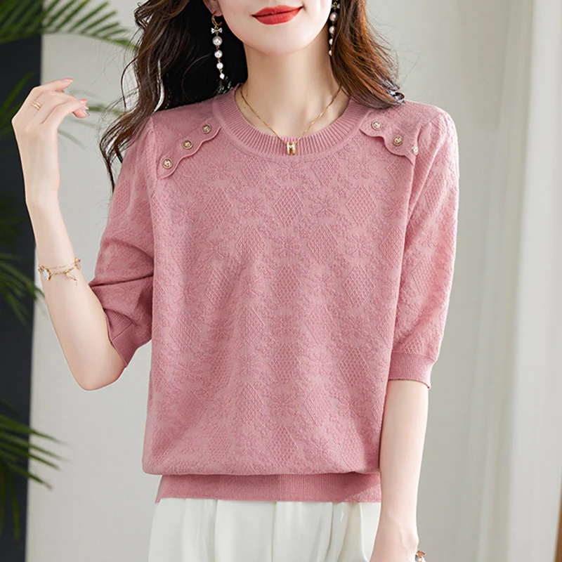 

Sueters De Mujer Moda 2023 Summer Korean Fashion Clothes Pink Pullovers Sweater Women Button Short Sleeve Knitted Tops Female