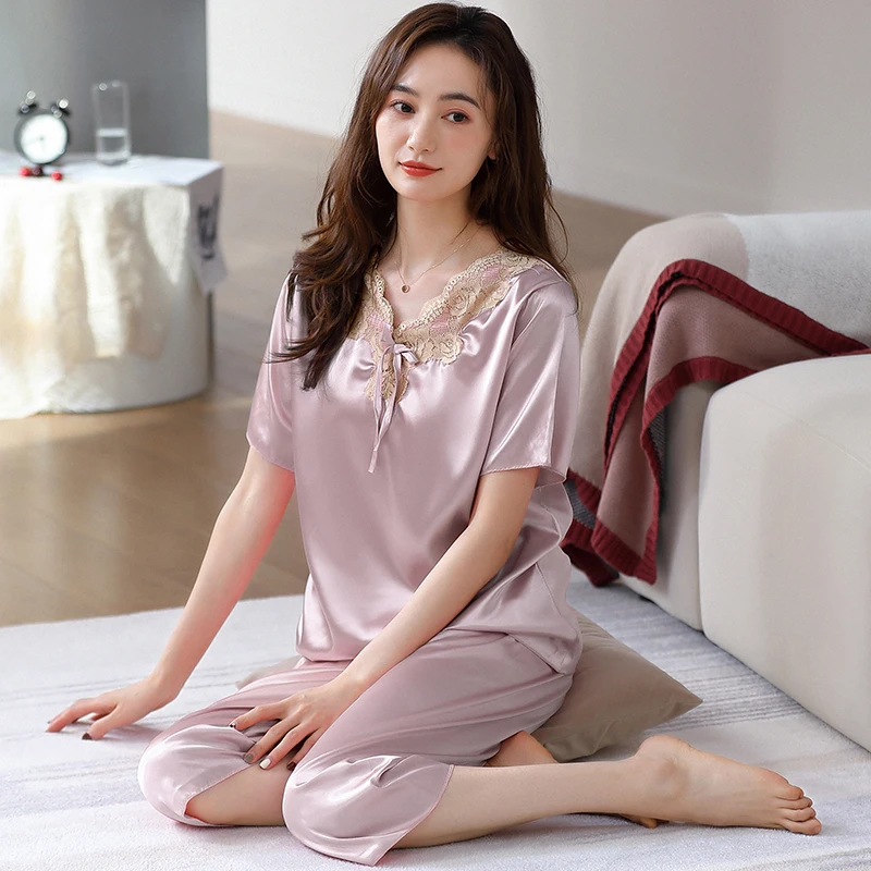 

Satin Silk Women Pajamas Capri Pants Pyjamas Luxury Nightwear Elegant Lace Sleepwear Woman Pijamas Polyester Female Home Suit