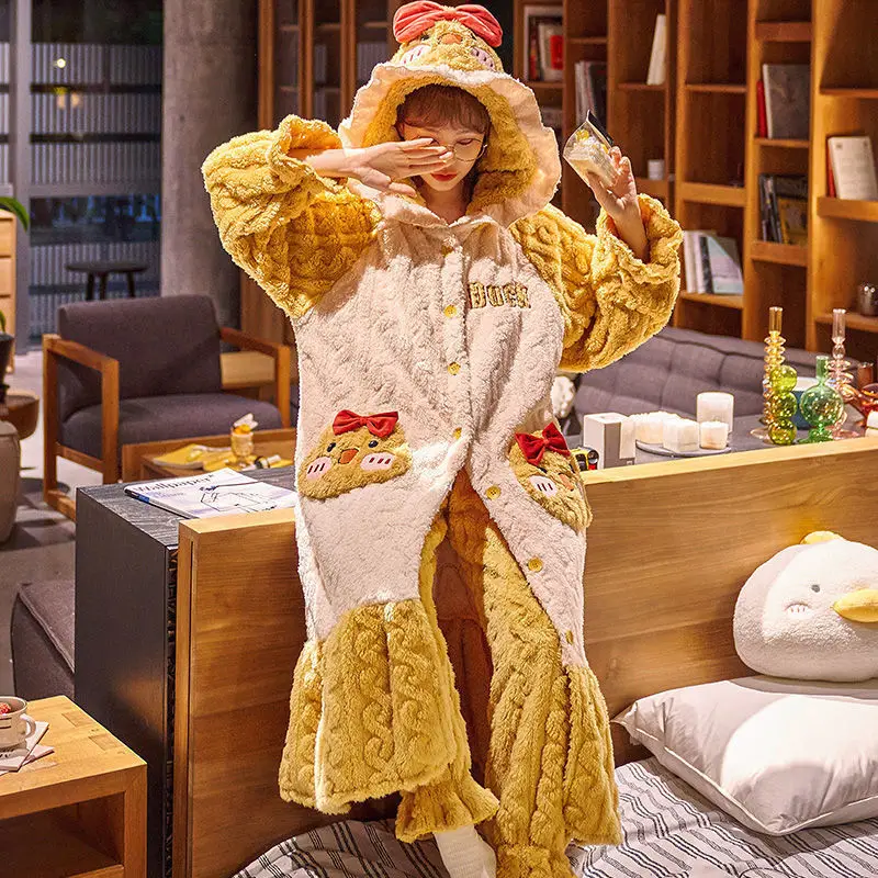 Pajamas Women's Autumn and Winter Models New Thick Loose Cute Home Service Suits Can Be Worn Outside Pajama Set