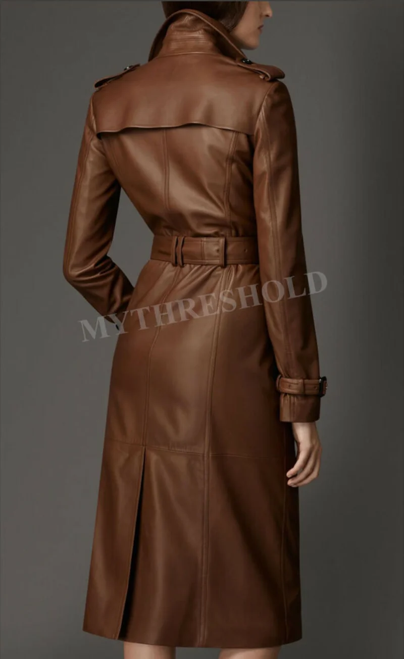 Women Brown Genuine Real Leather Trench Coat Genuine Leather