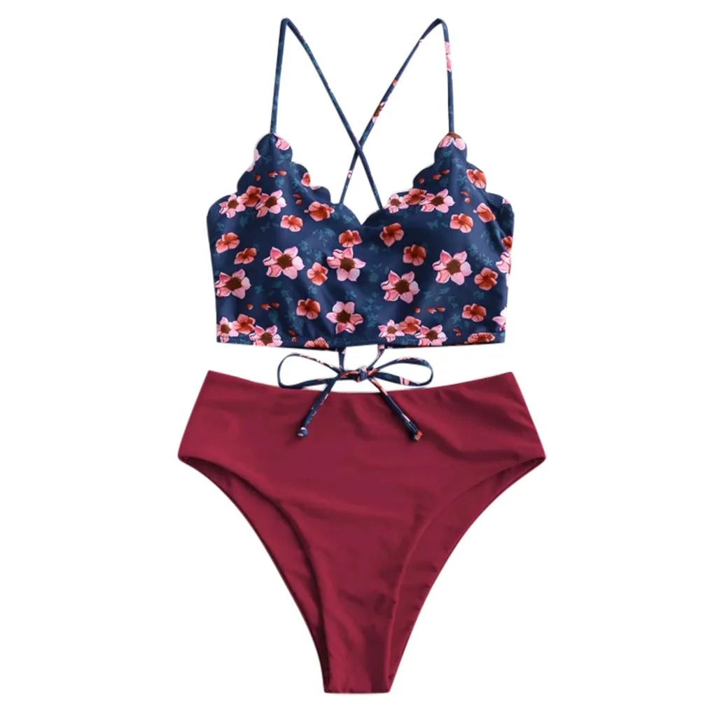 

Scalloped Women Crisscross Swimsuit Floral Beachwear Swimsuit Tankini Sexy Swimwears Tankinis Set Swimwears brazilian panties