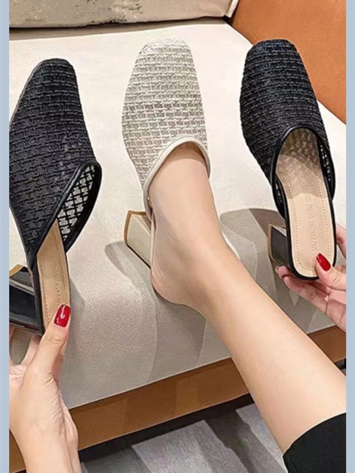 

Женские туфли на каблуке средней высоты, роскошные шлепанцы большого размера с закрытым носком, квадратные мягкие Дизайнерские летние модные хлопковые туфли, 2023