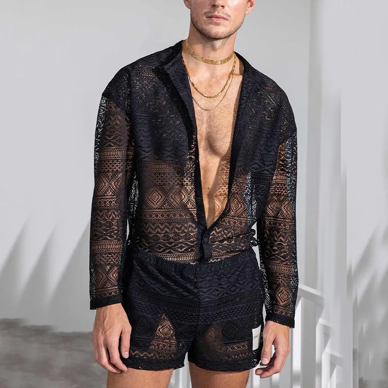 Summer Set Men Long Sleeve T-shirt Shorts Casual Holiday Beachwear Lace Sexy Top and Pants Two Piece Sets Man Matching Outfits
