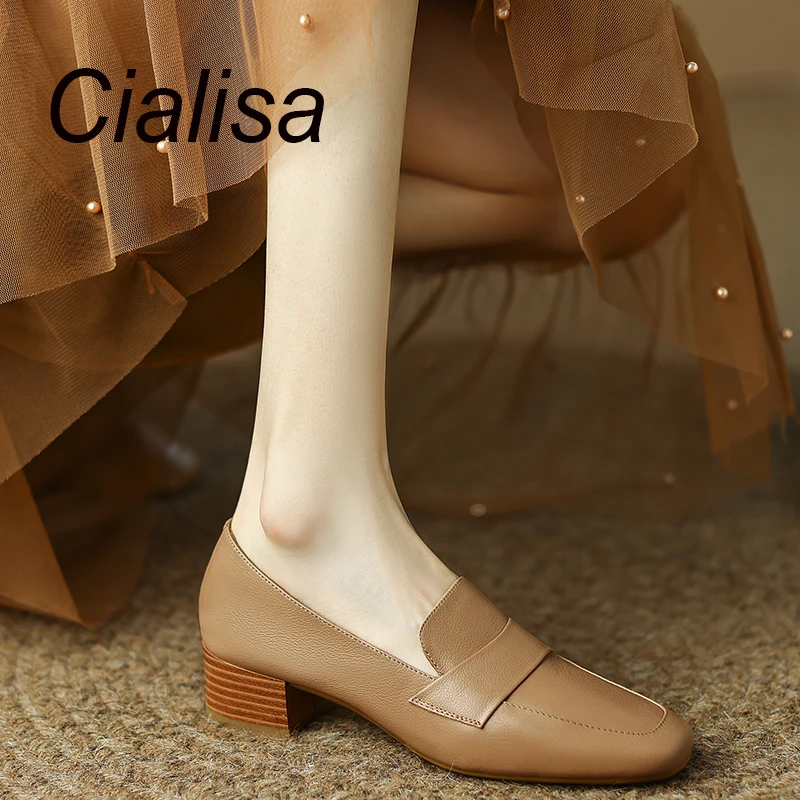 Cialisa Shoes Women 2022 Autumn New Concise Apricot Square Toe Genuine Leather Pumps Thick Mid Heel Ladies Footwear Plus Size 42