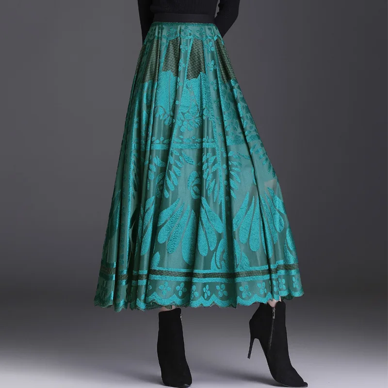 

Vintage Elegant High Waisted Big Swing Long Black Pleated Skirt 2022 Autumn Women Loose Casual Flocking Green Maxi Skirts 1858