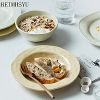 1pc relmhsyu japanese style hand kneaded irregular frosted ceramic soup breakfast steak salad plate dish restaurant tableware