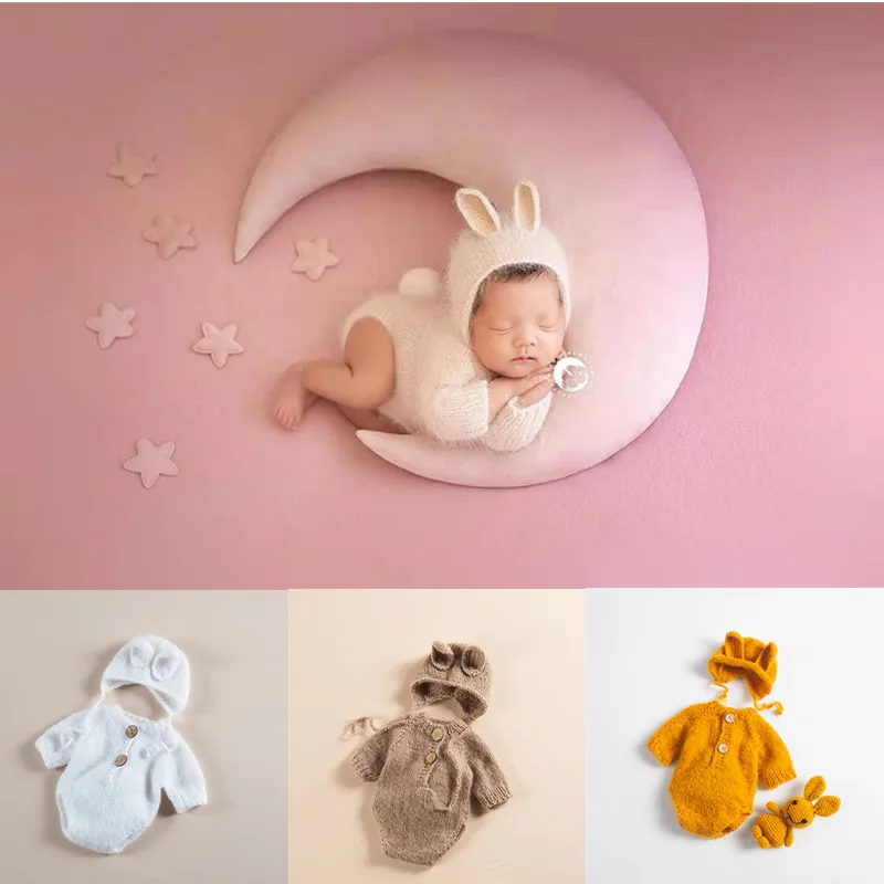 Baby Photography Rabbit Costume Infant Knit Cap+Jumpsuit 2 Sets Babys Photo Props Accessories Studio Newborn Photograph Clothing