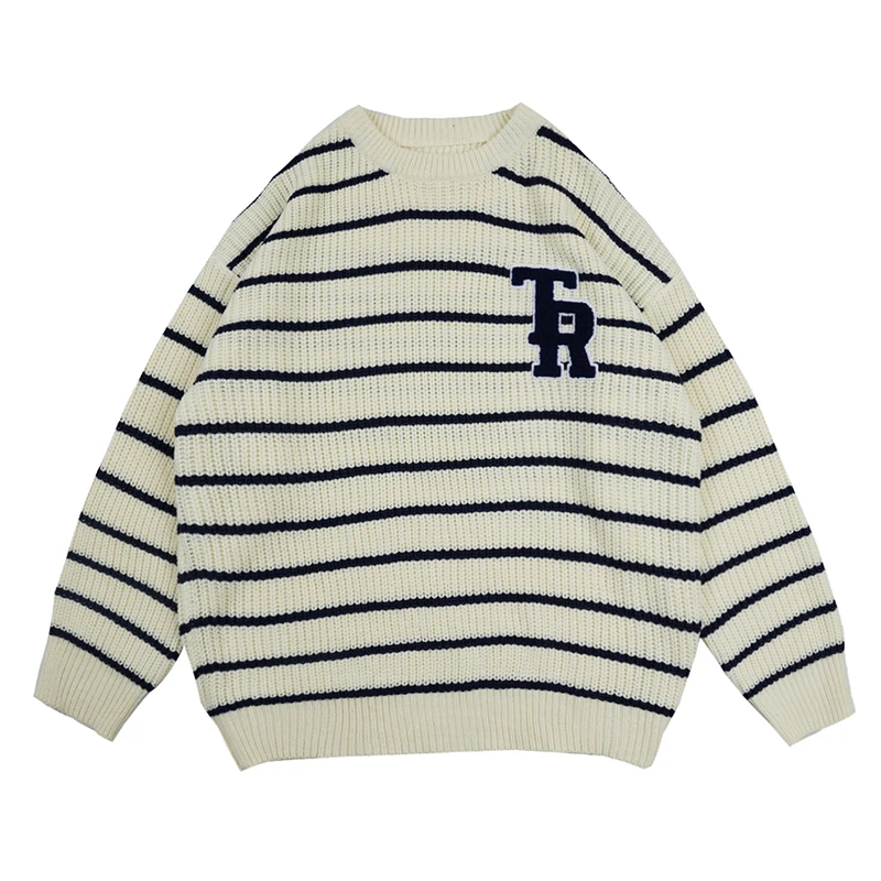 

Letter Embroidery Striped Round Neck long-sleeved Sweater Men's Fall knit pullover Korean Casual Oversize Couple Sweaters