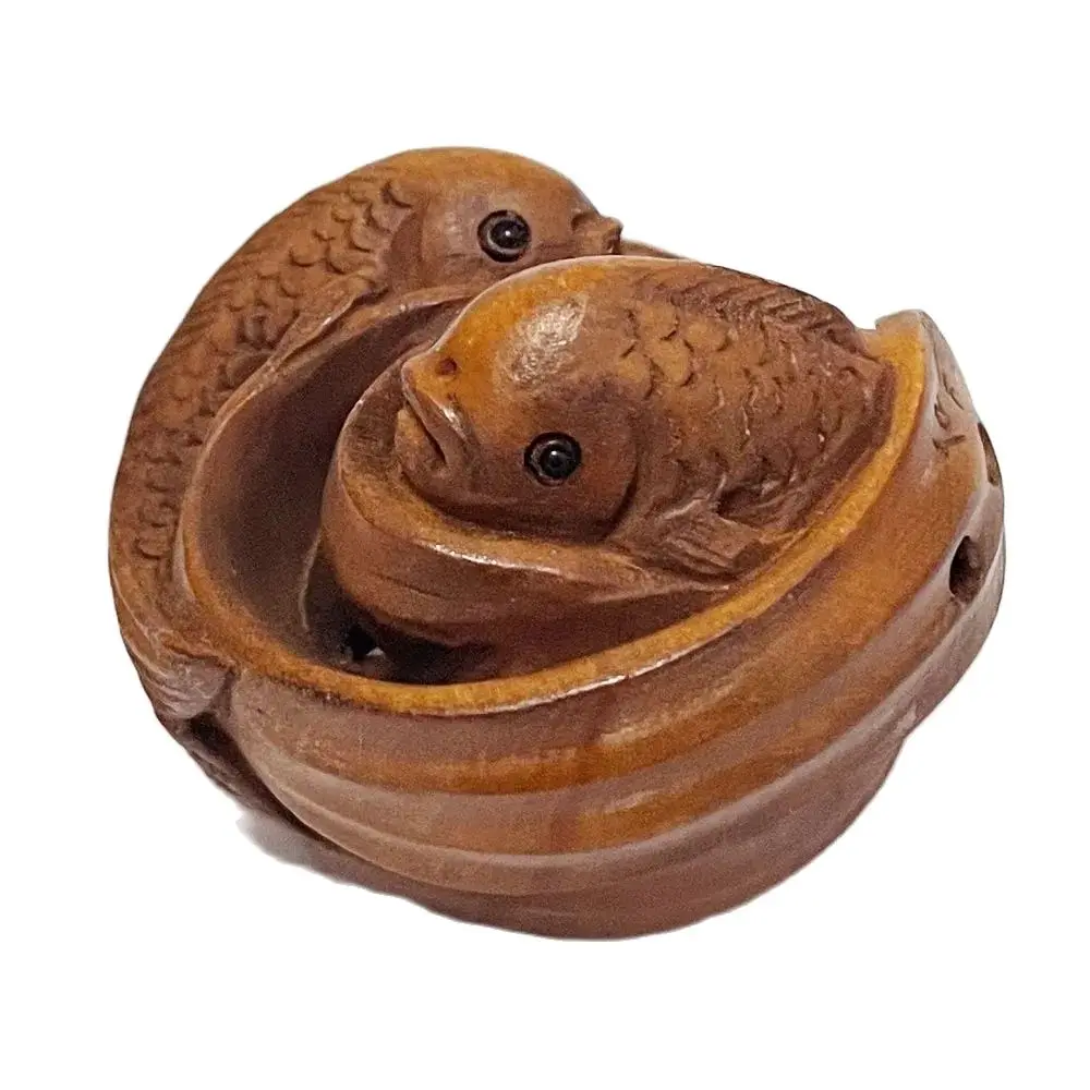 RS601 2 &quotрезная вручную японская скульптура самшит рыба Netsuke двух рыб подвеска в