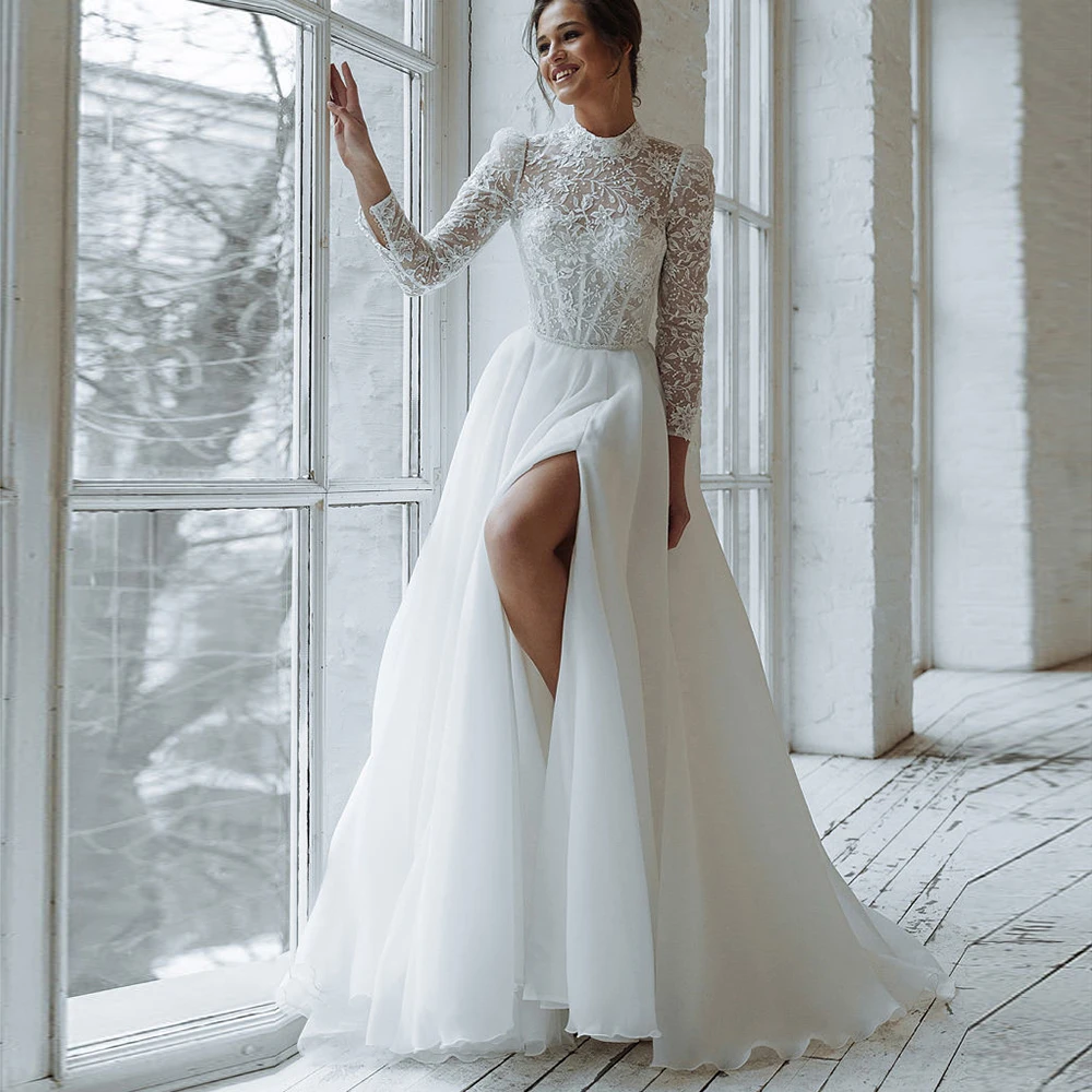 

Classic High Neck Wedding Dresses Long Sleeve Lace Appliques Tulle High Slit Bride Gowns For Women vestidos de boda 2023