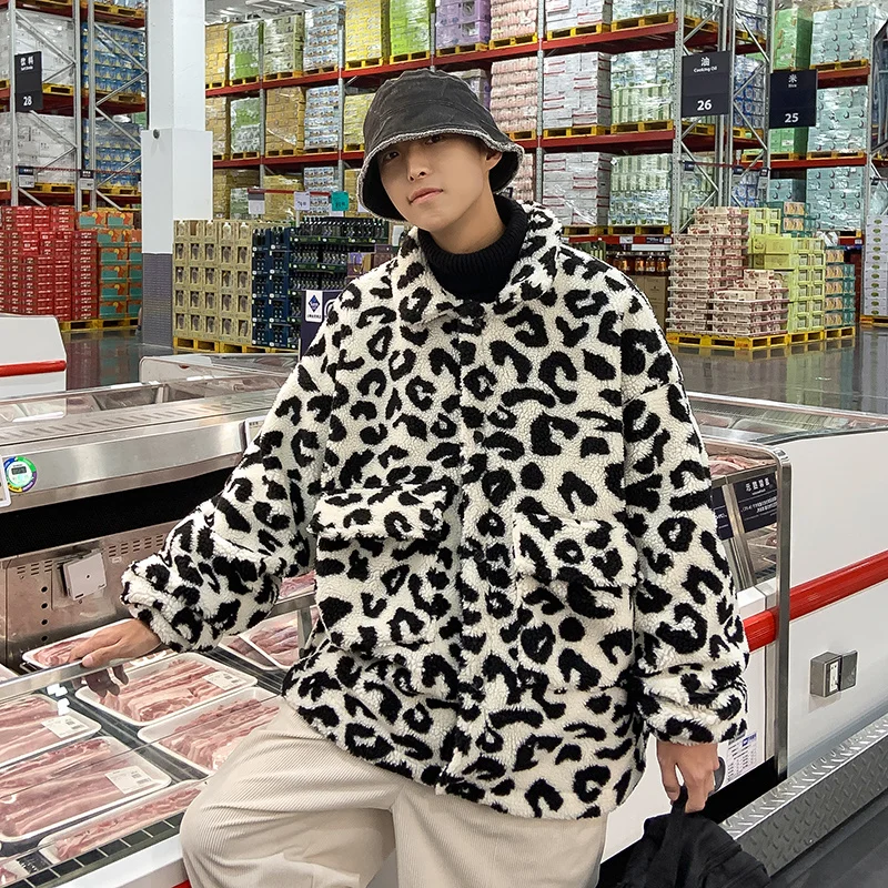 Winter Jacket Men Warm Fashion Retro Thickened Leopard Jackets Men Streetwear Loose Short Coat Mens Thick Lamb Wool Coat M-2XL