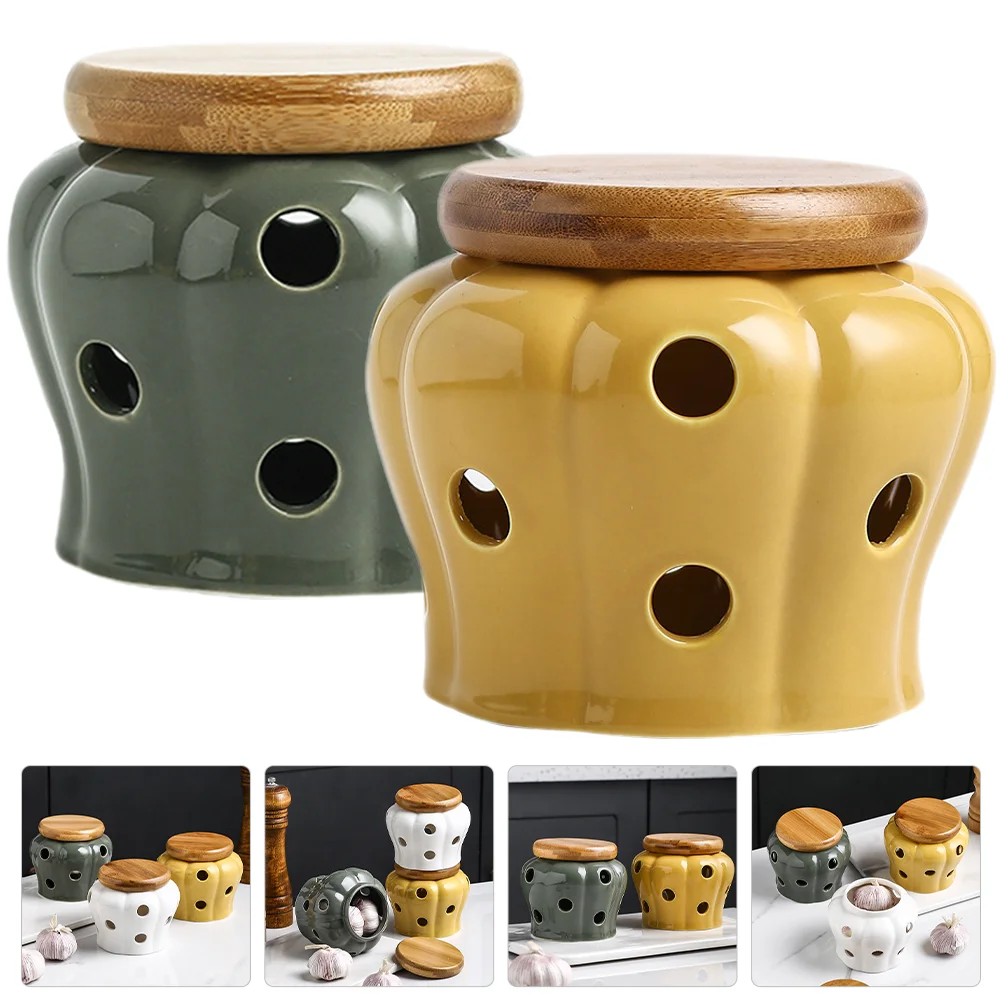 

Garlic Keeper Storage Container Kitchen Jar Ginger Ceramicholder Organizers Lemon Canister Onion Potatoes Keepersfor Stoneware