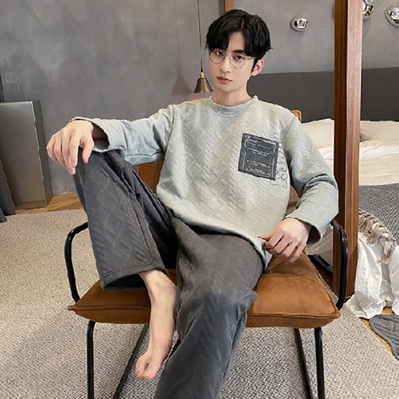 QUHENG Newest 2022 Cotton Pijama for Men 2 Pieces Lounge Sleepwear Autumn Long Sleeved Winter Home Clothes Man Pyjamas Set