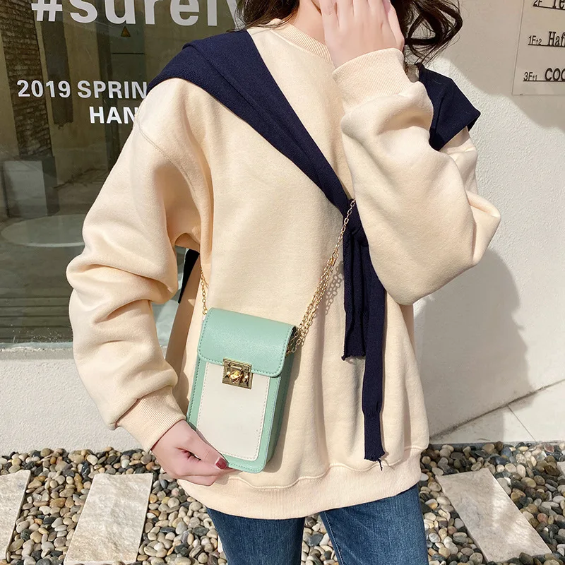 Korean Fashion Contrast Color Phone Bag Mini Square Bag Bags 2023 Chain Lock Buckle Bag