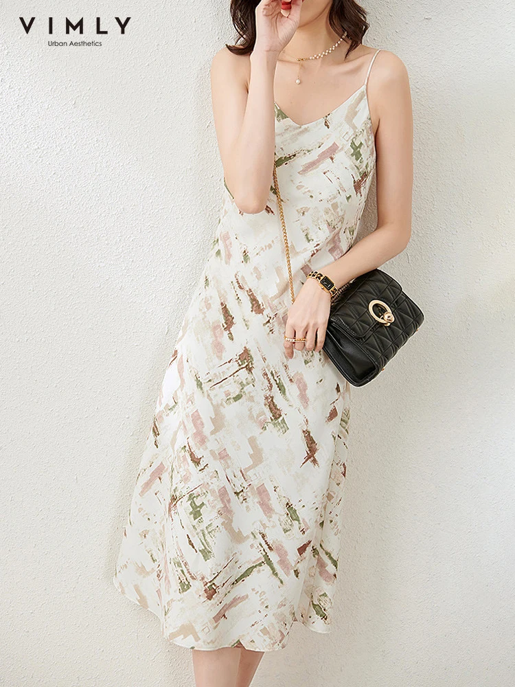 

Vimly Strap Dress for Women Summer Camisole Floral Dresses V-neck Elegant Sexy Slim Midi Dresses Female Clothing Vestidos F6523
