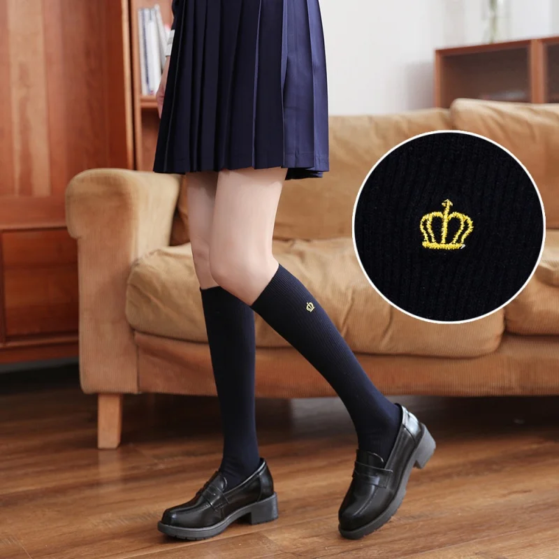 Long Tube Knee Length Socks Japanese Thigh High Socks Cotton JK Calf Socks Crown Embroidery Tube Socks Vintage Students' Socks L