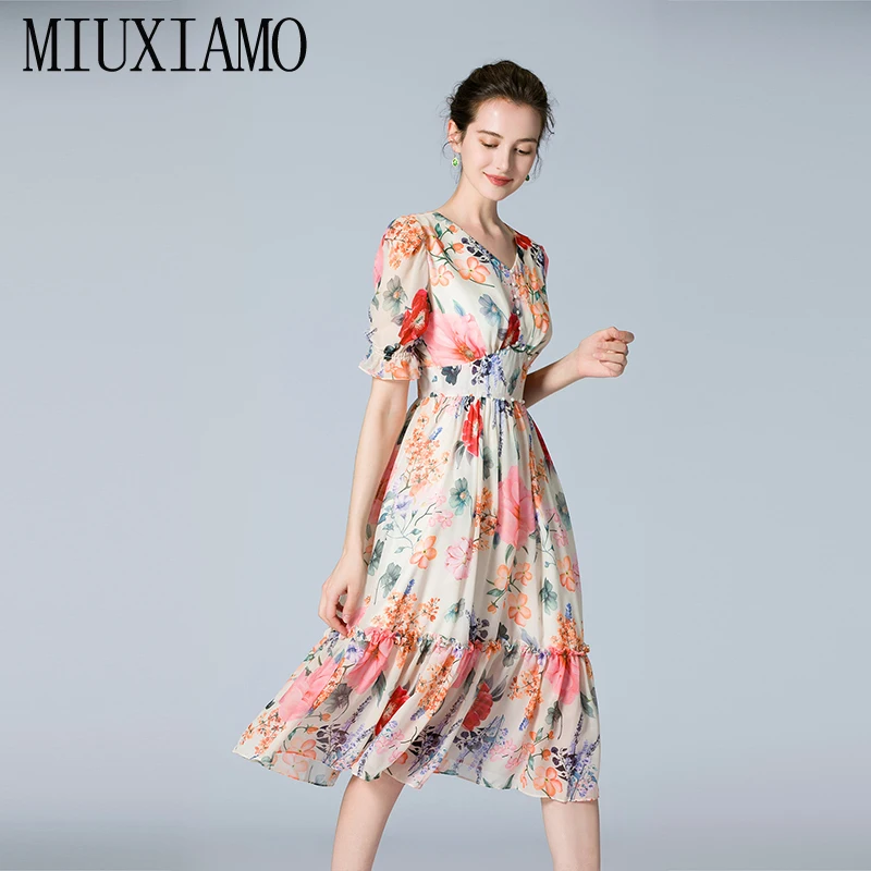 MIUXIMAO 2022 High Quality Spring/Summer Elegant Dress Short Sleeve V-Neck Print Fashion Casual Long Dress Women Vestides