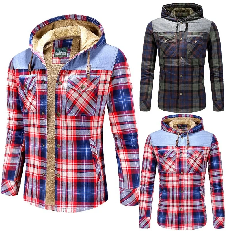 

Winter Shirt Men Plaid Shirt for Men Fleece Thick Warm Corduroy Shirt Pure Cotton Hooded Leisure England Camisas Para Hombre