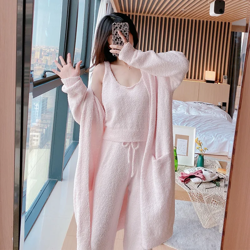 Thick Women Pajamas Set Three-piece Home Clothes Soft Warm Autumn Winter Long-sleeved Trousers Suspenders Cardigan Wool Knitting