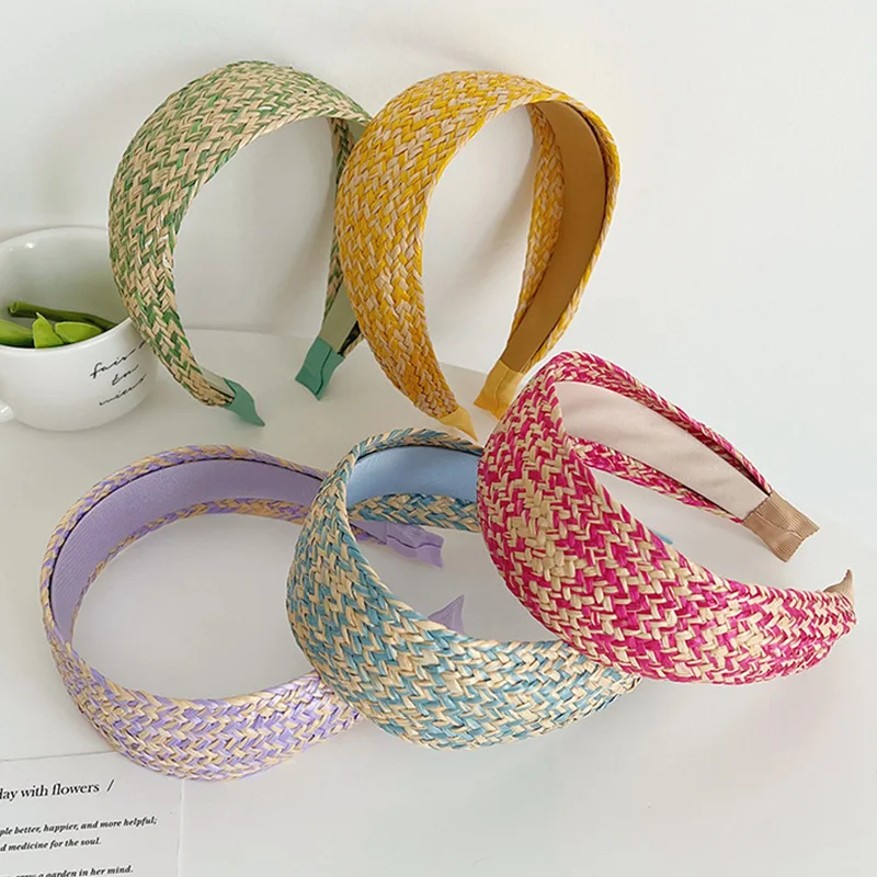 

Summer Straw Weaving Hairband Solid Color Wide Headband Raffia Braid Hair Hoop Straight Edge Head Hoop Hair Accessories Plain