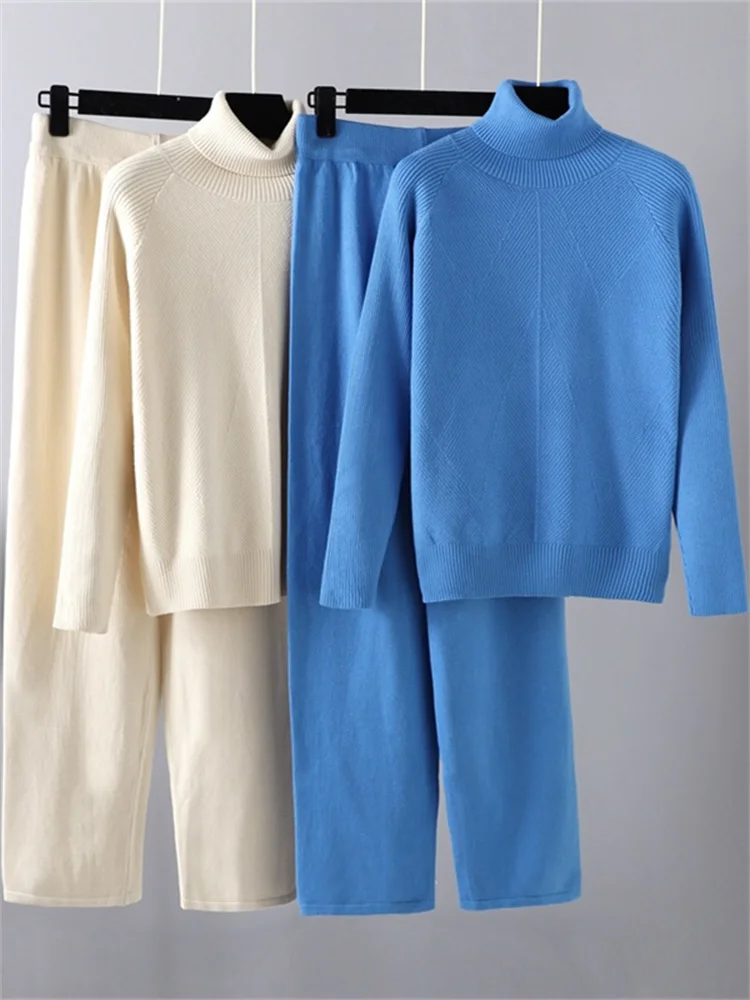 

Women Sweater Set Autumn Winter Casual Basic Beige Turtleneck Pullover and Wide Leg Trousers Thick Warm Knitted Suits for Women