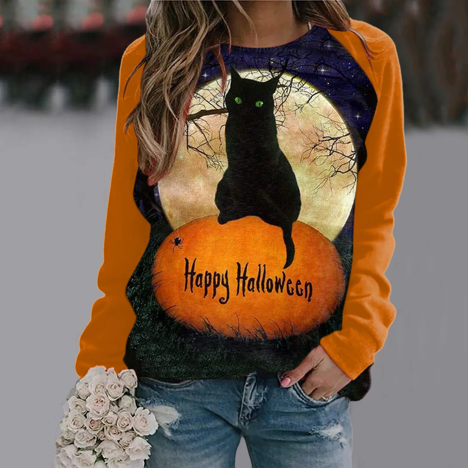

Womens Halloween Print Fall Fashion Long Sleeve Casual Sweatshirt Sweatshirt Hot Two Piece Outfit Casual Short Sleeve
