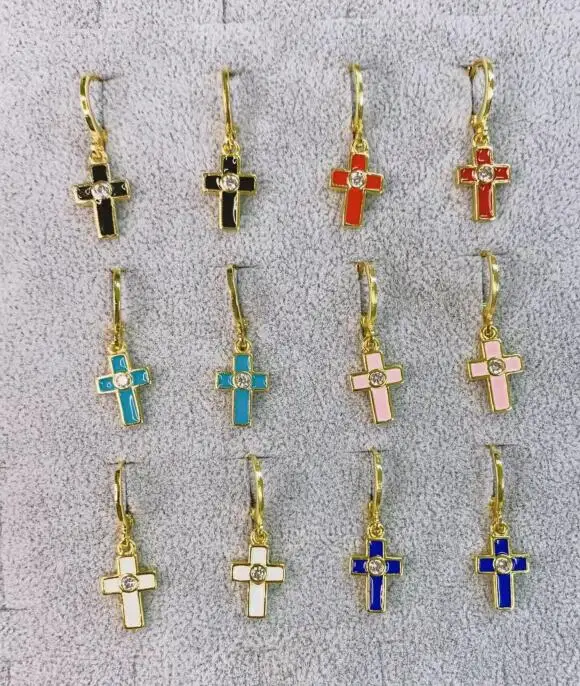 

Серьги-кольца женские эмалированные золотистые с крестиком, 1 пара