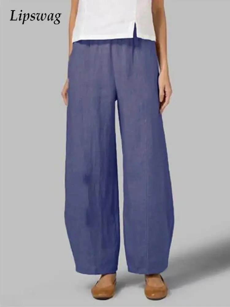 

Cotton Linen Women Pants 2022 Summer Elegant Elastic Waist Bealt Solid Long Pants Office Lady Fashion Wide Leg Loose Trousers