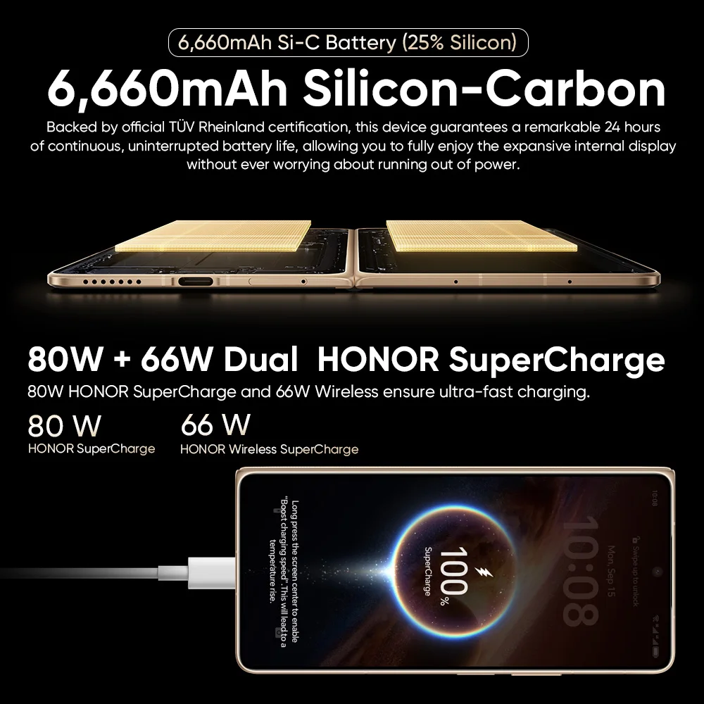 Фото Глобальная версия HONOR Magic V6 5G: Складной смартфон с процессором Snapdragon 8 Elite Gen 5, 7.95-дюймовым 120Гц LTPO OLED-дисплеем, аккумулятором 6660 мАч, быстрой зарядкой 80W+66W SuperCharge и NFC. №1