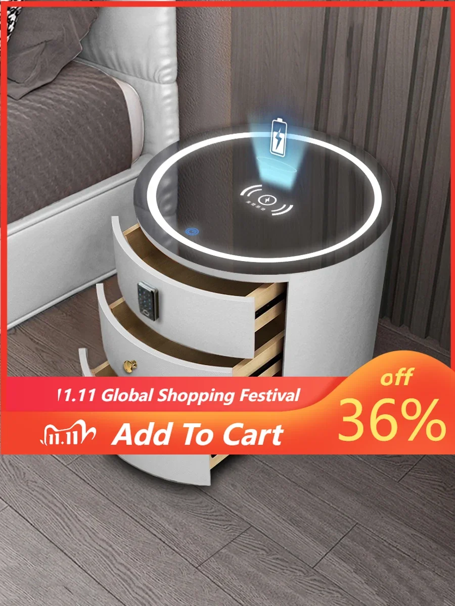

Leather Bedside Table Round Nightstand Intelligent Audio Password Fingerprint Lock Glass Wireless Charging mesa de noche