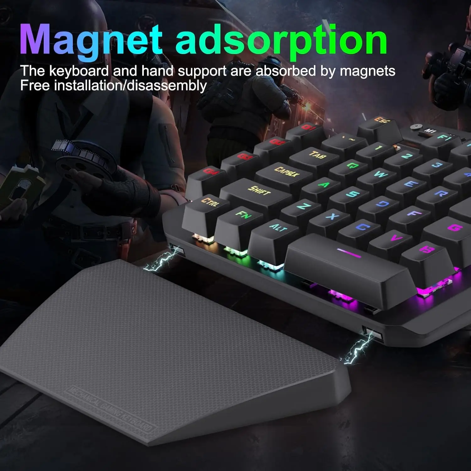 Фото HUO JI Механическая игровая клавиатура для одной руки, проводная, RGB светодиодная подсветка, съемная подставка для запястий, съемный кабель типа C, металлическая панель, №5