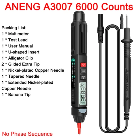 Цифровой мультиметр ANENG A3007/3008 Pen, 6000 отсчетов, тестер бесконтактного индикатора напряжения, тока, сопротивления, конденсатора, тестер