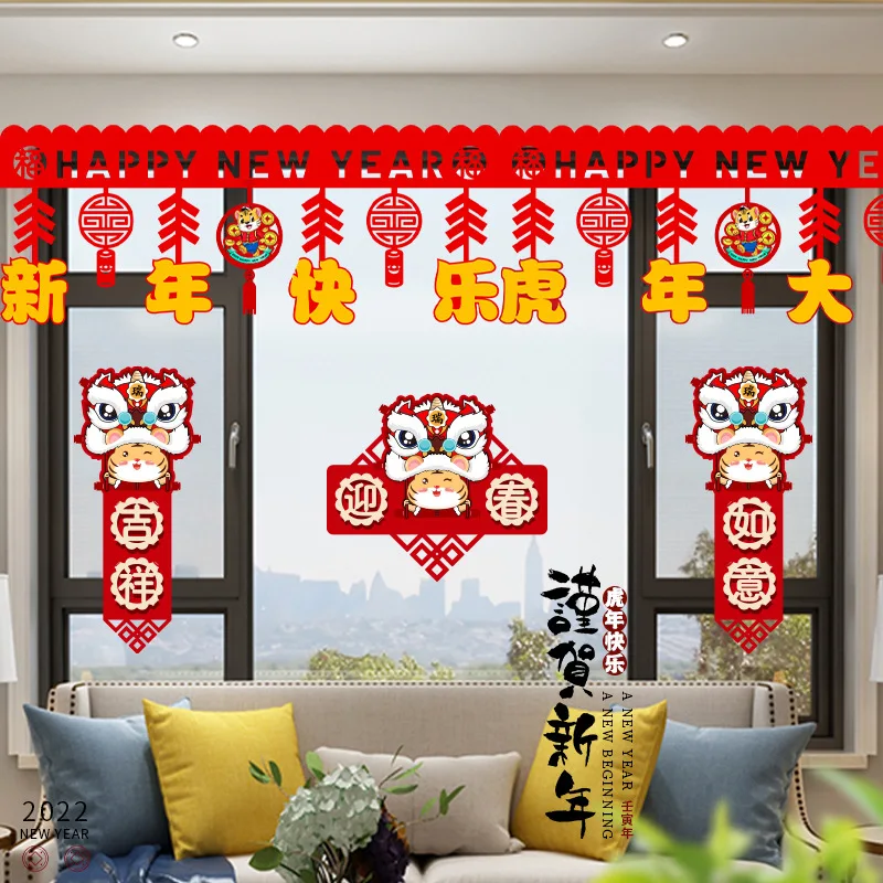

Украшения для китайского Нового года 2022, украшение для окна с тигром Нового года, висячий баннер, украшение для вечерние с тигром, аксессуар...