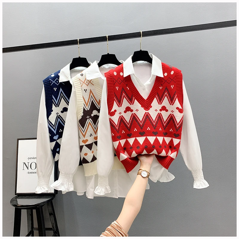 

Knitted Sweaters For Women Fashion 2022 Autumn Winter Clothes Casual Plaid Sweater Vest Women Pullovers Beige Red Blue Preppy