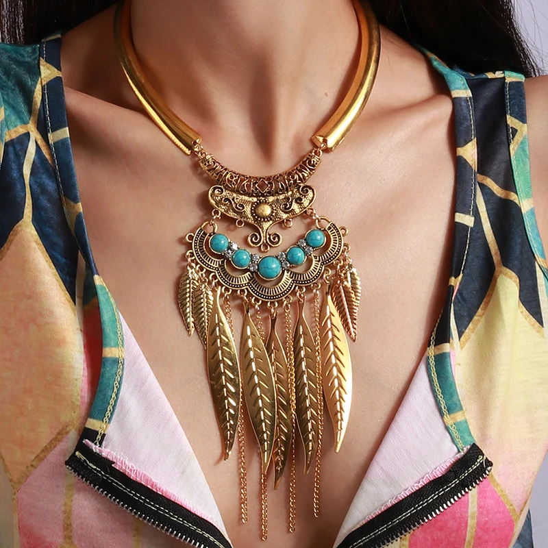 

Luxury Vintage Brass Gold Plated Leaf Tassel Big Bib Statement Necklaces for Women Bohemian Jewelry Bijoux Collier Femme