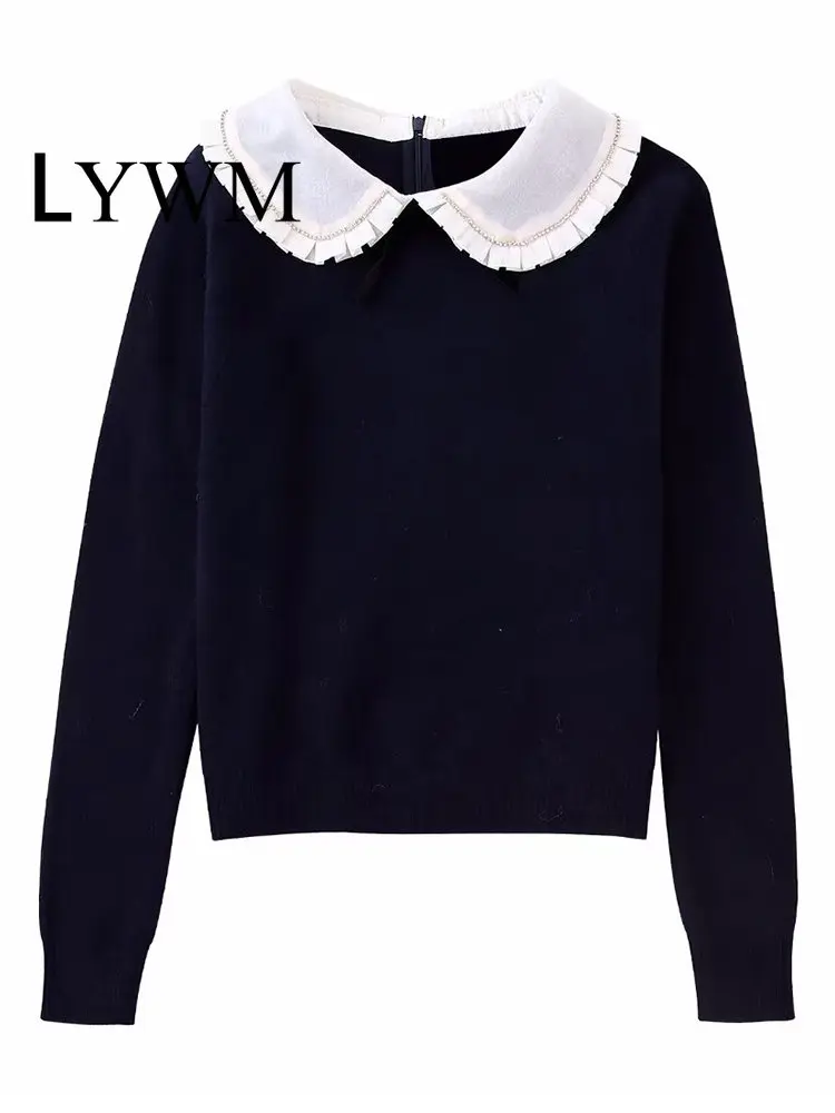 

LYWM Women Fashion Solid Back Zipper Knitted Pullover Sweater Vintage Lapel Neck Long Sleeves Female Chic Lady Tops