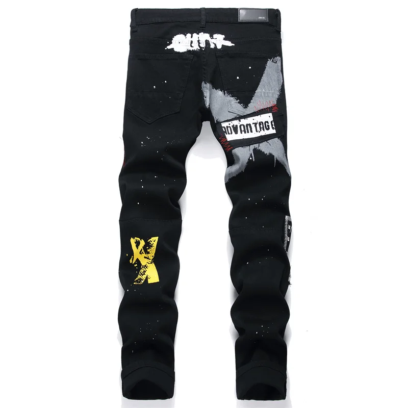 Men's Colorful Graffiti Printed Jeans Y2K Colorful Slim Fit Tapered Elastic Casual Pants Fashion Street Clothing Small Foot Pant