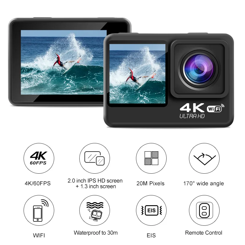 Экшн-камера 4K 60fps стабилизированная EIS 20 МП Ultra HD двойной экран дистанционное