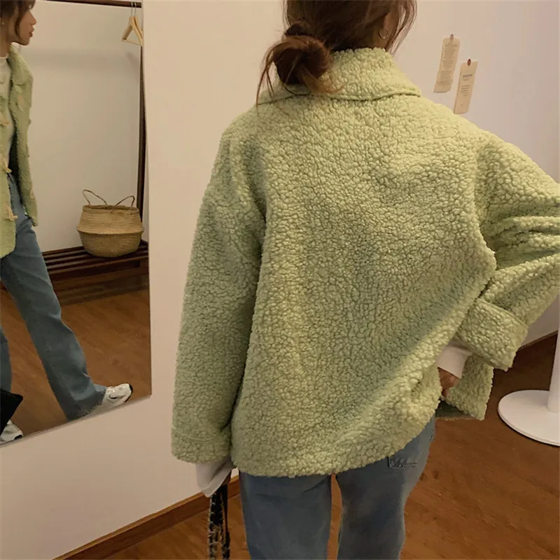 Kawaii New Autumn Winter Faux Lambwool Coat Women Solid Horn Button Fur Jacket Fashion Loose Lapel Thick Warm Plush Coats White