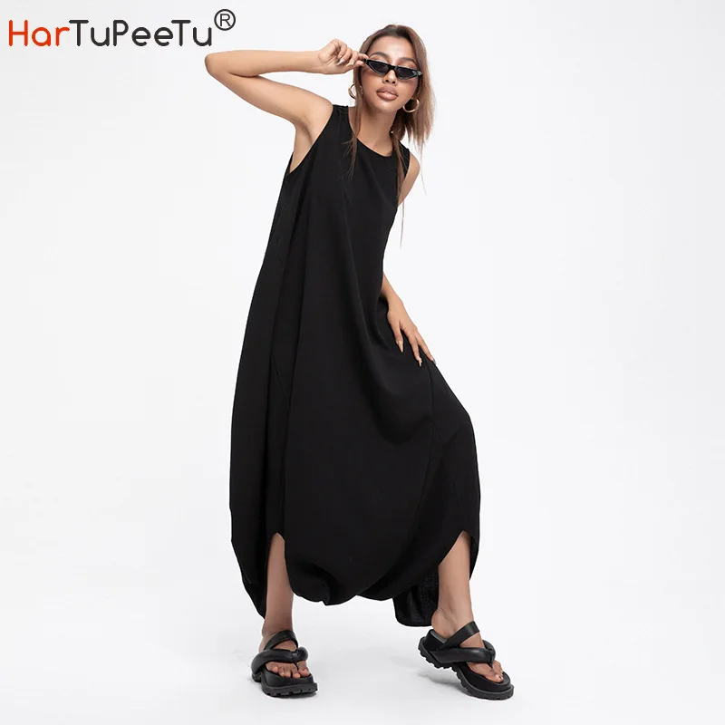 Black Jumpsuits Women 2022 Summmer Wide Leg Rompers Drop Crotch Hip Hop Cross Pants Loose Sleeveless Streetwear